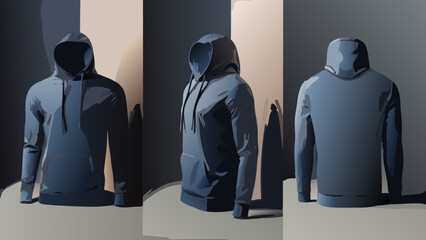 dark blue hoodie in three views vector © Etika