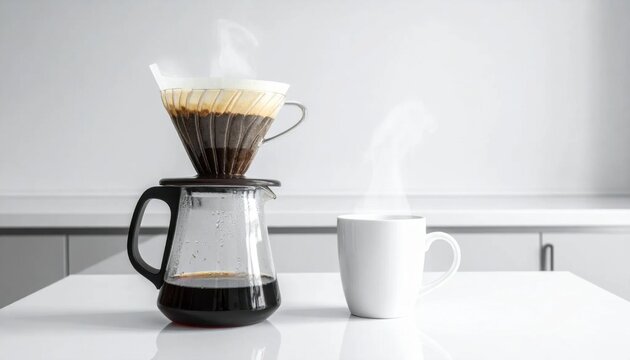 Pour over coffee dripper brewing fresh hot coffee in glass server, steam rising in minimalist kitchen, morning routine, caffeine energy