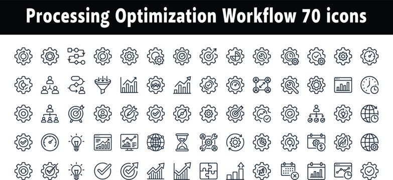 Processing optimization workflow 70 icons for business efficiency.
