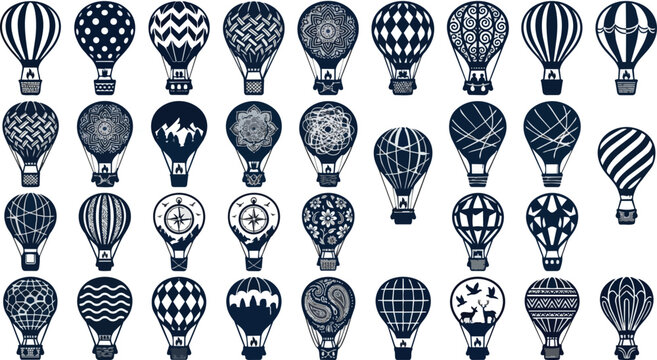 Multiple intricately patterned hot air balloons are displayed in a grid formation, each with unique geometric designs and motifs.