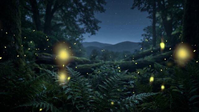 Fern plants in woodland setting, glowing fireflies drifting through air, enchanting forest atmosphere, cinematic nature scene