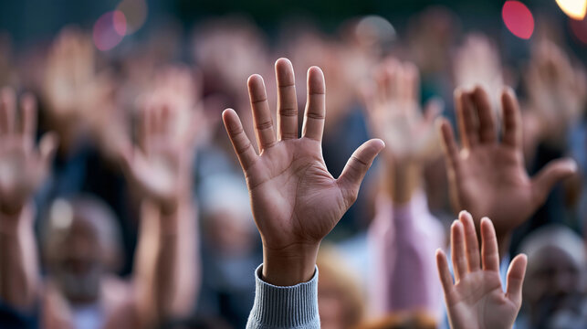 Raised hand in crowd during public event symbolizing participation voting or audience engagement