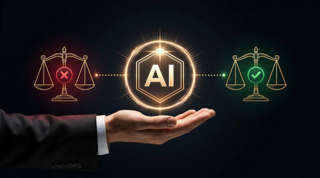 AI Ethics, Artificial Intelligence Balance and Justice Scale Decision Concept, Digital Innovation, Right Wrong and Smart Technology Business Background