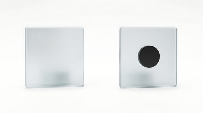 Isolated pair of square fridge magnets showing blank surface and circular mockup area for branding designs and promotional display