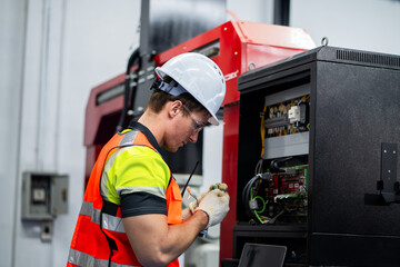 Fototapeta premium A man in a yellow and black safety vest is working on a machine