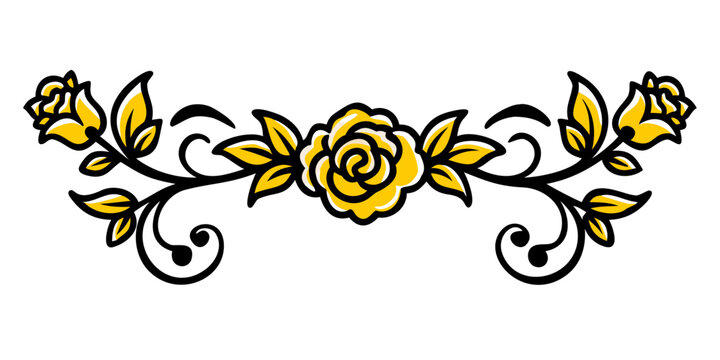 Ornamental yellow rose floral horizontal divider, vector
