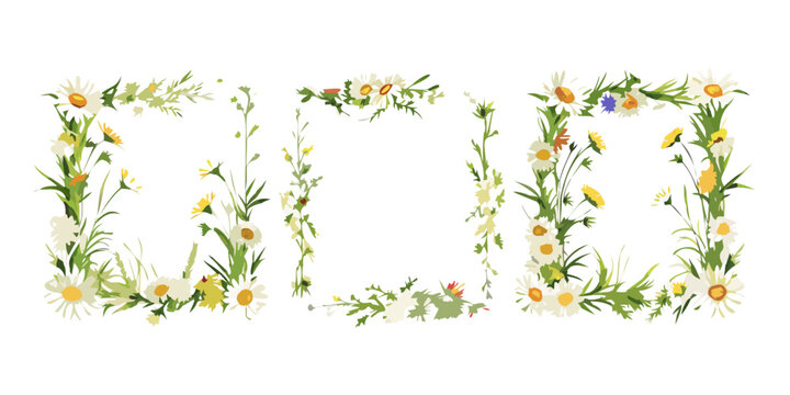 Set of three wildflower floral frames with daisies, vector