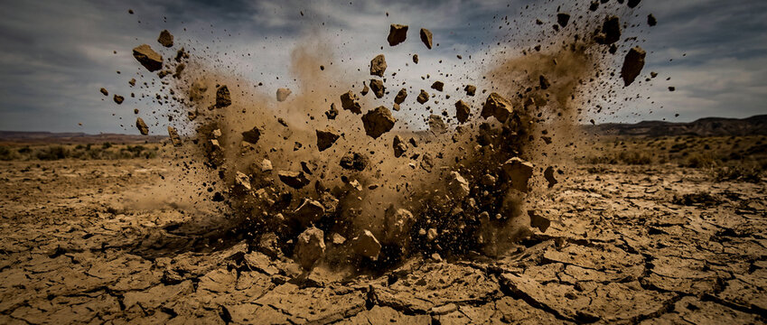 Dry cracked clay soil pieces exploding upward in dynamic splash motion