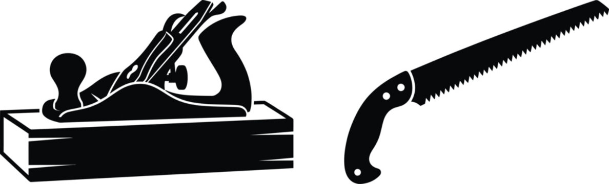 Chainsaw Icon on Wooden Plank with Protective Kickback Shield, Flat Vector Graphic with Copy Space