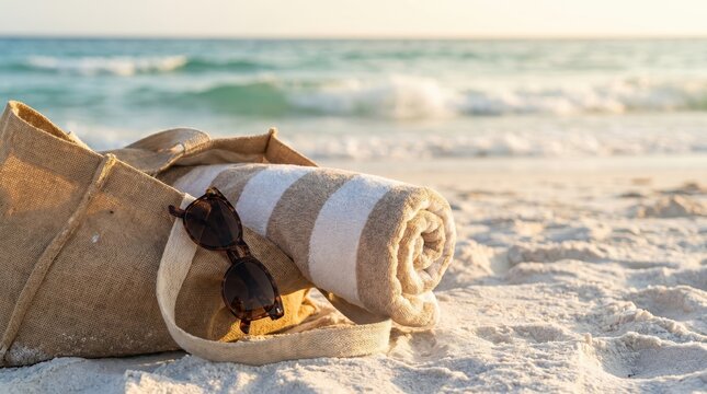 woven beach bag with striped towel and sunglasses on white sand. ocean waves at sunset in blurred background. summer vacation and travel concept. banner, website header with copyspace.