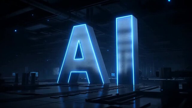 Tracking dolly forward shot of illuminated ai letters pulsing and rising inside dark futuristic data center interior with neon blue glow and reflective floor
