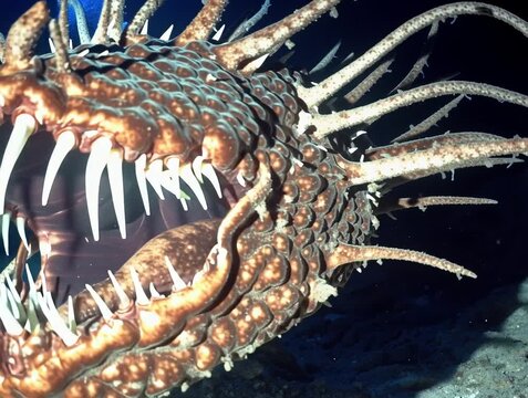 Diver exploring the deep sea encounters a bizarre fish with sharp teeth