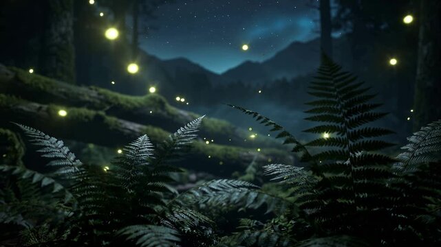 Fern plants in woodland setting, glowing fireflies drifting through air, enchanting forest atmosphere, cinematic nature scene