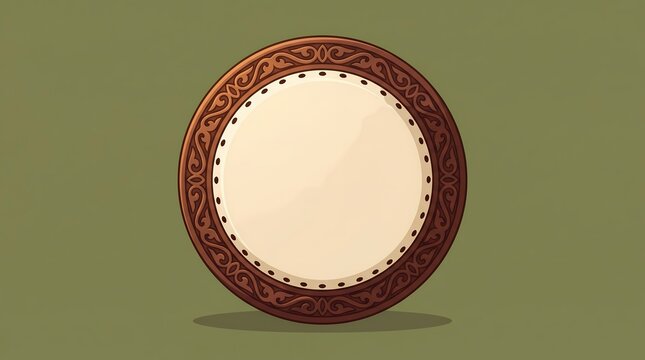 Illustration of a traditional Malay Kompang, a single-headed frame drum, featuring an intricate carved wooden frame.