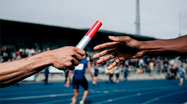 Two athletes exchange a red-and-white baton mid-race&mdash;one grips it tightly while the other reaches back blind, testing speed and cooperation in a split second.