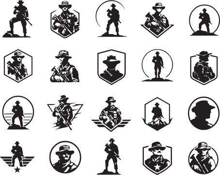 Set of tactical military soldier silhouette badges, black and white army commando emblems and logos vector