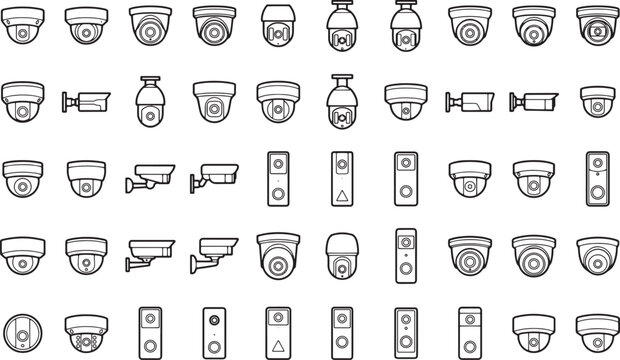 A grid of CCTV camera icons and surveillance system equipment, showcasing various surveillance technology in a clear, illustrative style.