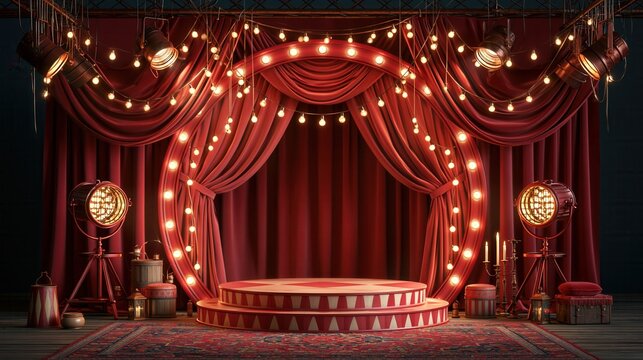 Empty vintage circus stage with red curtains and spotlights for product display.