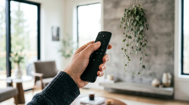 Hand holding remote control in modern living room