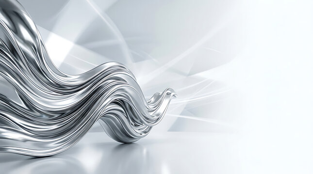 Shiny silver wave abstract design on a light gray background with geometric shapes
