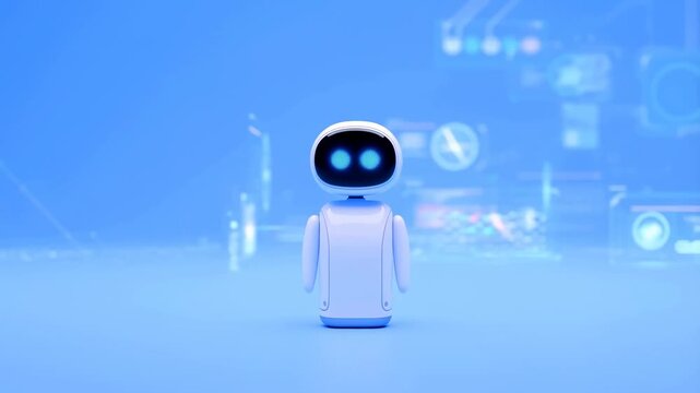 Static shot of small white robot standing and displaying holographic interface in futuristic laboratory studio with soft blue lighting