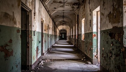Fototapeta premium A long narrow hallway inside a dilapidated abandoned building with peeling paint on the walls and arched ceilings showing urban decay.