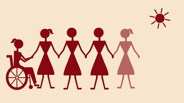 Animated Warli style Education for all, girls holding hands including a girl using a wheelchair and walking stick. 