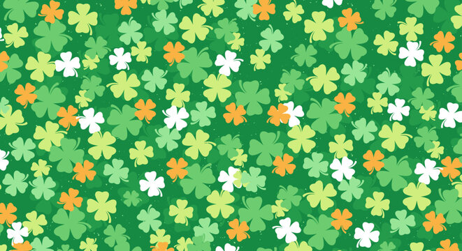St Patrick Day seamless pattern with green orange and white shamrock clover leaves background