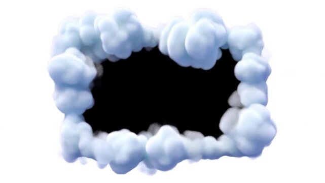 Slow motion static shot of fluffy cloud frame forming and surrounding rectangular opening on white seamless background