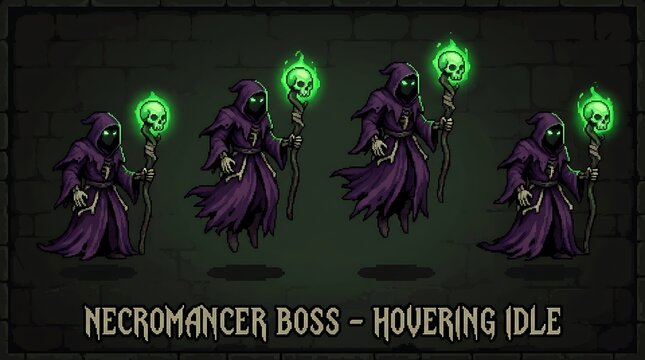 Dark necromancer boss character with glowing green skull magic staff