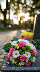Fototapeta premium Colorful funeral bouquet of roses and flowers placed on a gravestone in cemetery with blurred crosses in background.