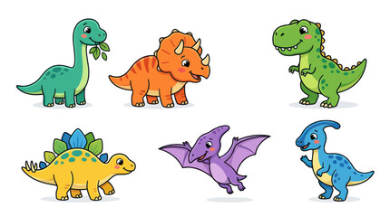 Cute Cartoon Dinosaurs Set: Brontosaurus, Triceratops, T-Rex, Stegosaurus, Pterodactyl, Parasaurolophus © Saiful