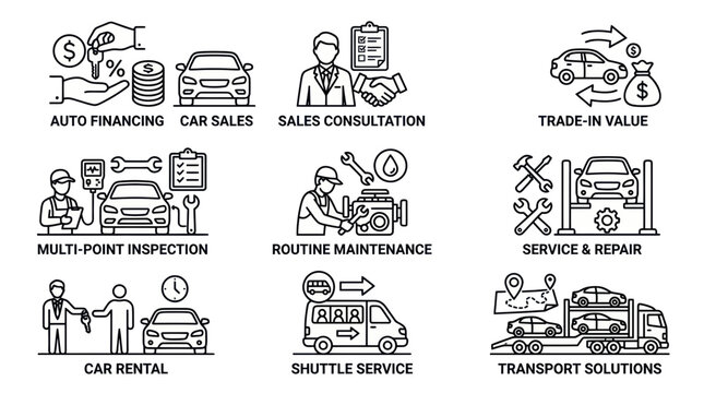 Car Service and Sales Icons: Financing, Rental, Repair, Trade-in, Shuttle