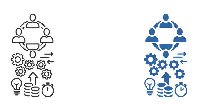 Corporate team collaboration icon set with gears lightbulb and coin stack for business development
