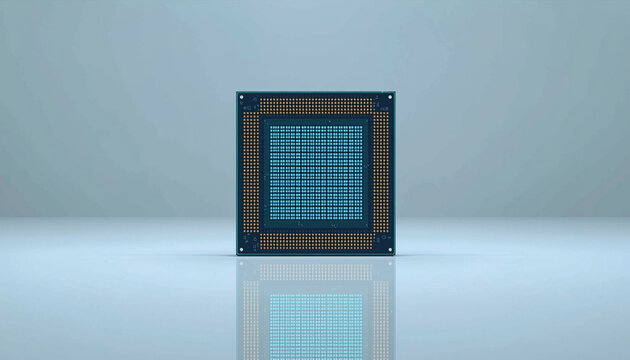 Modern computer processor cpu chip with gold contact pins on blue substrate