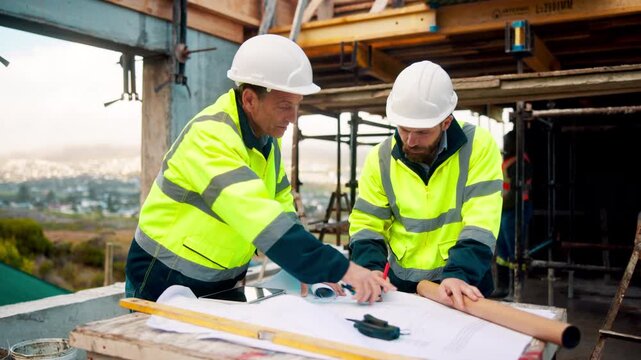 Architect, men and blueprint at construction site, discussion and development feedback with team. People, paperwork and floor plan with drawing for building design, engineering and problem solving