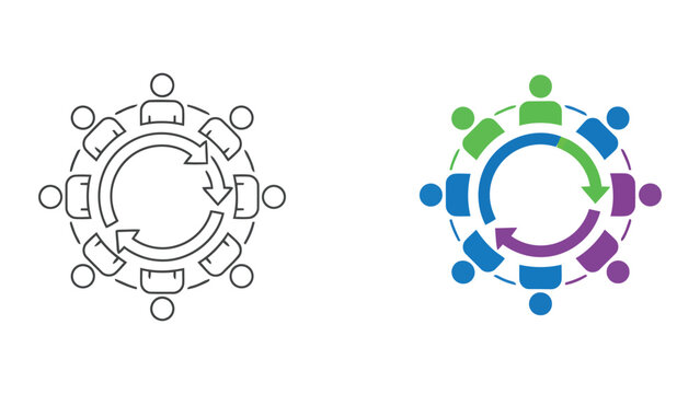 Team members standing in circle with continuous cycle arrows representing workflow and iterative process and collaborative project management for business efficiency flat vector icon set design