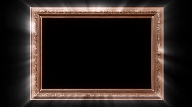 Panning slow tracking shot of ornate wooden picture frames slowly illuminated by radial light rays on dark gallery wall interior with glowing bronze highlights
