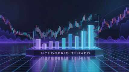 Naklejka premium Holographic 3D bar chart rising on a glowing digital grid floor