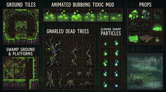 Hand drawn swamp environment asset pack for 2D video games