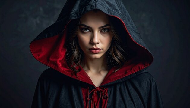 A portrait of a mysterious young woman wearing a black and red hooded cloak with an intense gaze against a dark moody background studio shot.