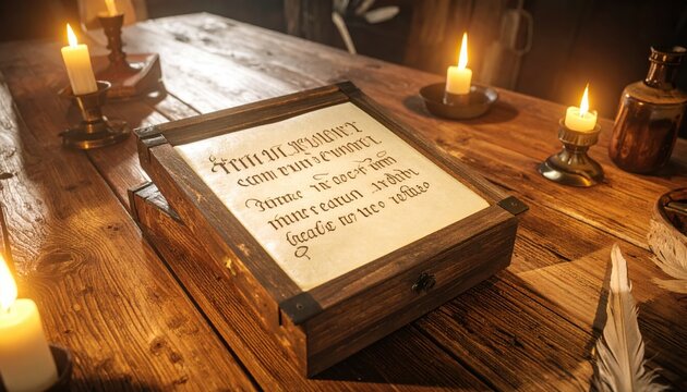 Ancient Roman Cursive Writing on Parchment Within a Wax-Covered Wooden Diptych Illuminated by Candlelight on a Rustic Table