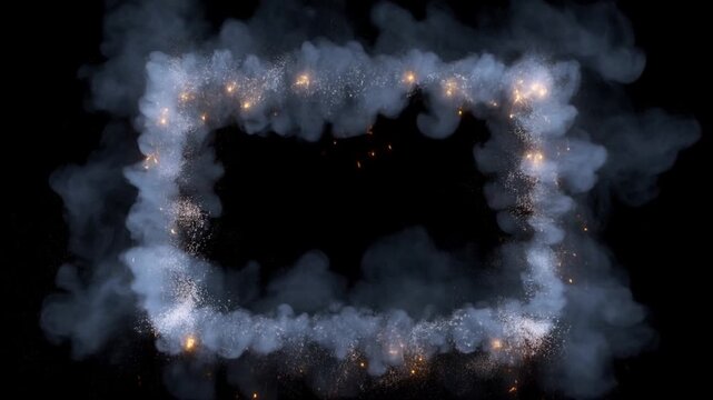 Slow motion close up of smoke and sparks forming rectangular frame on black background in studio setting