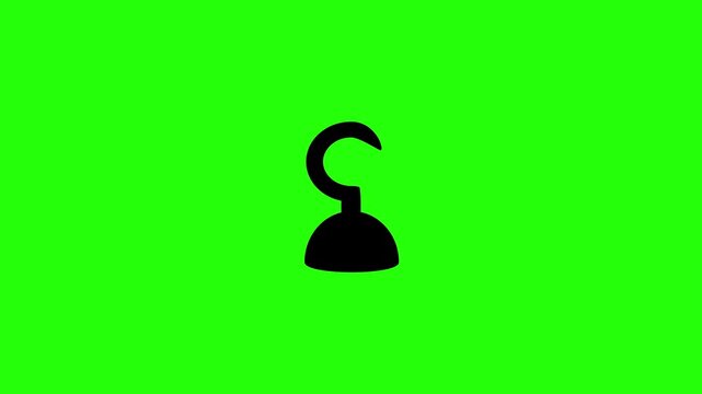 Beautiful 4K video showcasing a classic curved metal pirate hook hand prosthetic gear silhouette bouncing fluidly. Clean energetic popup animation for video.