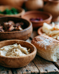 Fototapeta premium Cozy wooden bowls hold hummus, bread, and fresh herbs. Rustic table invites warm, comforting meals. Bread's soft crust promises tender taste. Gentle lighting highlights textures and warmth