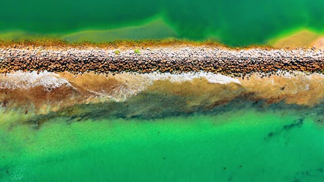 Beautiful clear sea-green water along the dam. Waves hot the stone breakwater. Top view.