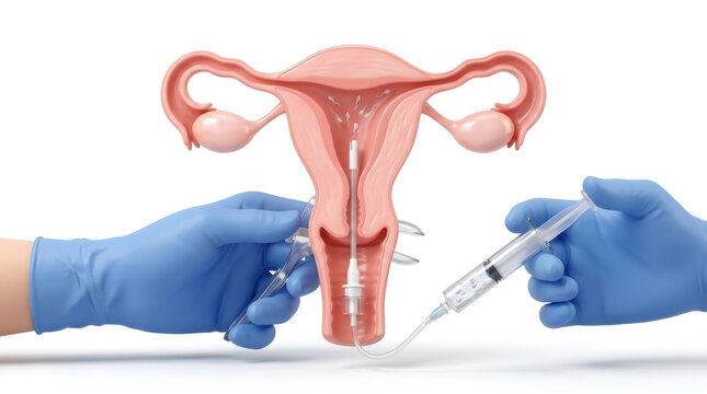 Medical illustration of intrauterine insemination procedure with uterus and catheter
