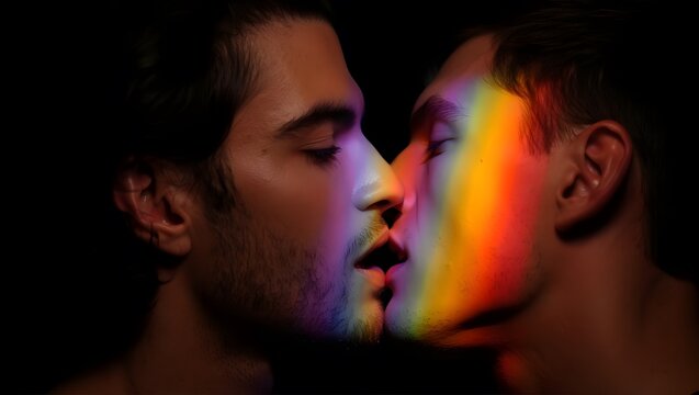 Intimate moment of two male figures sharing a loving kiss with colors