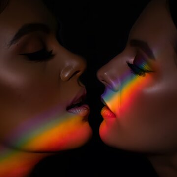 Close-Up of Two Faces with Rainbow Light Reflection and Shadows