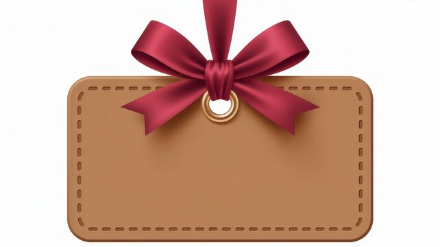 Blank brown gift tag with red satin ribbon bow isolated on white background